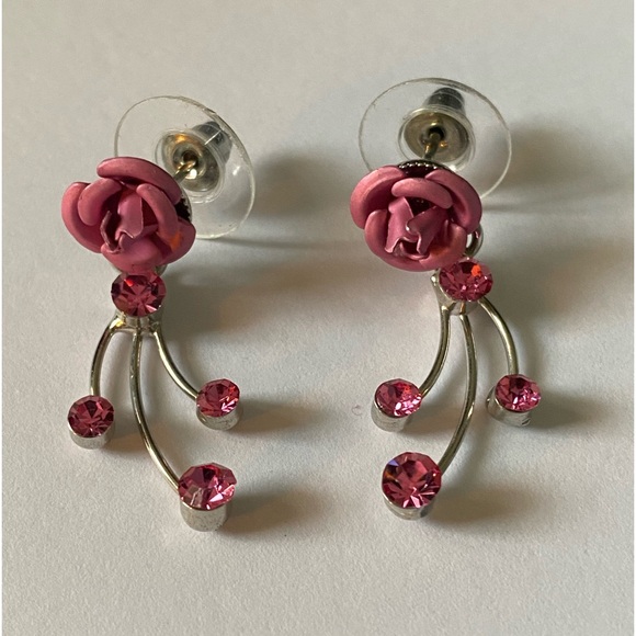 Pink Rose Rhinestone Dangle Earrings - Picture 6 of 6